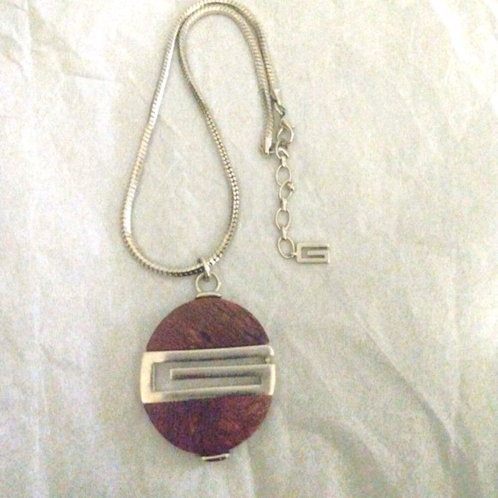 ❤️GIVENCHY 1970's Wooden Teak Pendant & Givenchy Silver Rope Chain Necklace